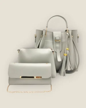 Chic Light Grey 3-Piece Bucket Bag Set with Tassel Detail