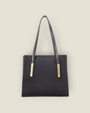 Modern Black Faux-Suede Tote with Gold Bar Hardware