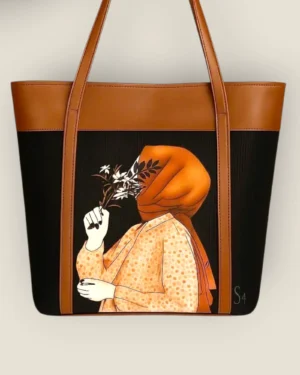 Artistic Portrait Tote Bag - Modest Fashion Print with Tan Trim