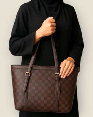 Classic Brown Checkered Faux-Leather Tote Bag